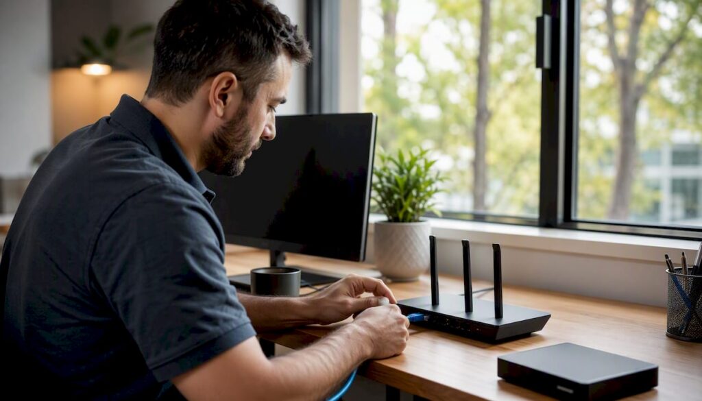 Microsoft Teams governance: quick-start for IT admins 2 IT admin plugging network cable at desk