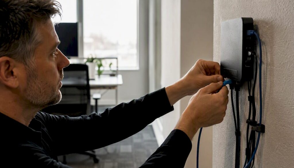 SD-WAN for small business: is it worth it in 2026? 2 Close-up of technician connecting network cable